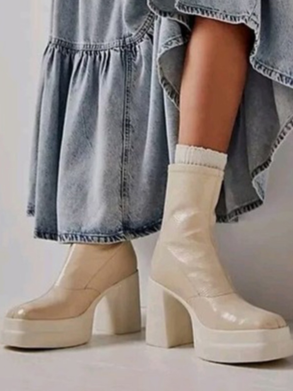 Free People Double Stack Patent Leather Platform Boots Ivory Size 39